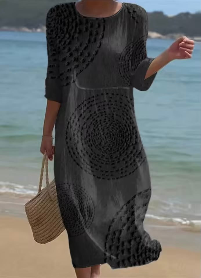 Abito estivo primaverile a maniche corte con stampa casual per donna, vestito retrò ampio con collo tondo, fresco abito da vacanza femminile 2026