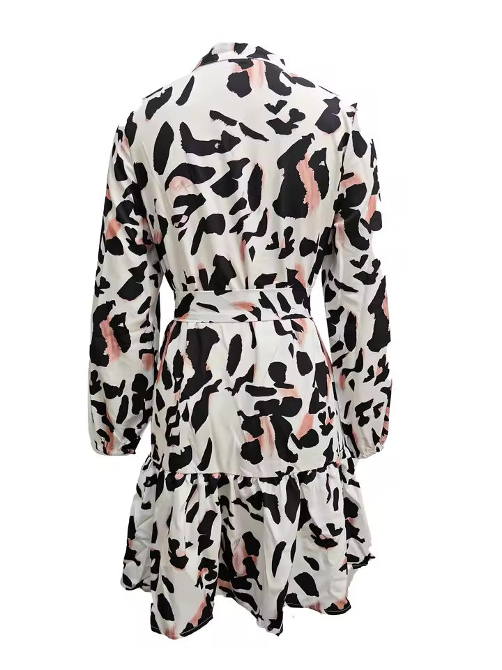Mini Abito da Donna con bottoni leopardati e cintura con scollo a V, elegante, manica lunga