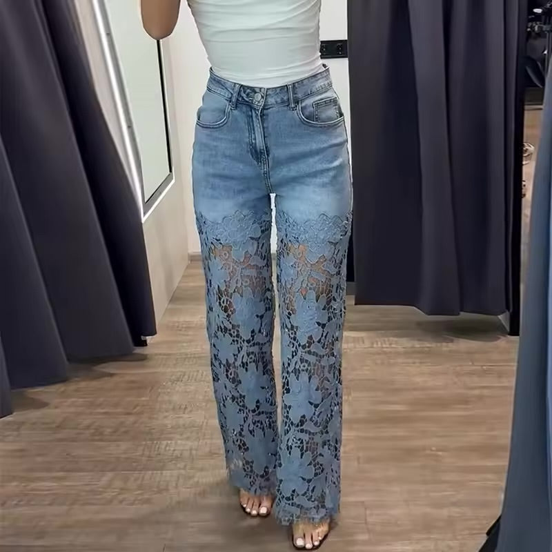 Jeans da Donna in pizzo a vita alta con bottoni, tinta unita, slim fit, elegante, moda da ufficio