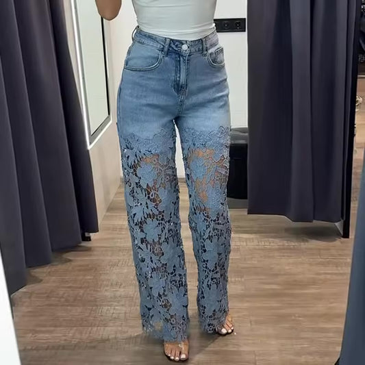 Jeans da Donna in pizzo a vita alta con bottoni, tinta unita, slim fit, elegante, moda da ufficio