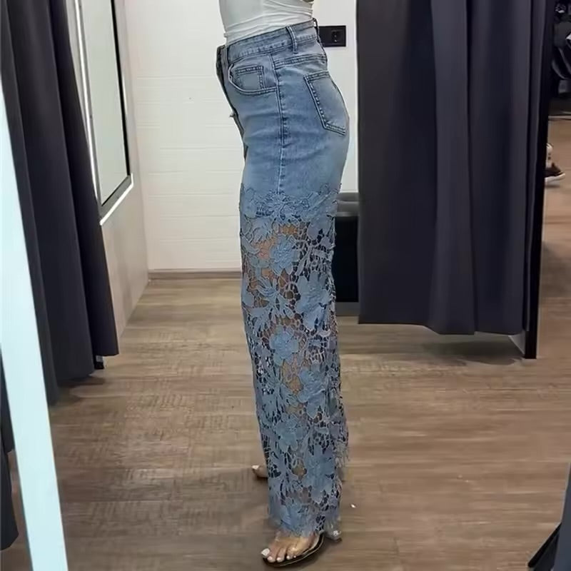 Jeans da Donna in pizzo a vita alta con bottoni, tinta unita, slim fit, elegante, moda da ufficio