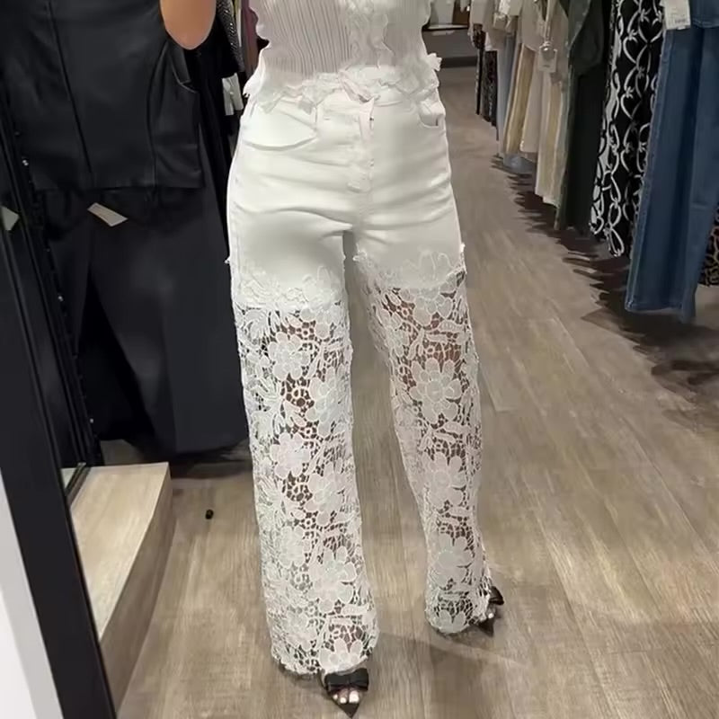 Jeans da Donna in pizzo a vita alta con bottoni, tinta unita, slim fit, elegante, moda da ufficio