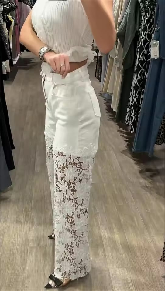 Jeans da Donna in pizzo a vita alta con bottoni, tinta unita, slim fit, elegante, moda da ufficio