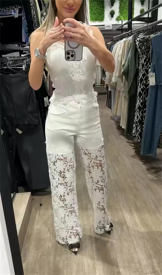 Jeans da Donna in pizzo a vita alta con bottoni, tinta unita, slim fit, elegante, moda da ufficio