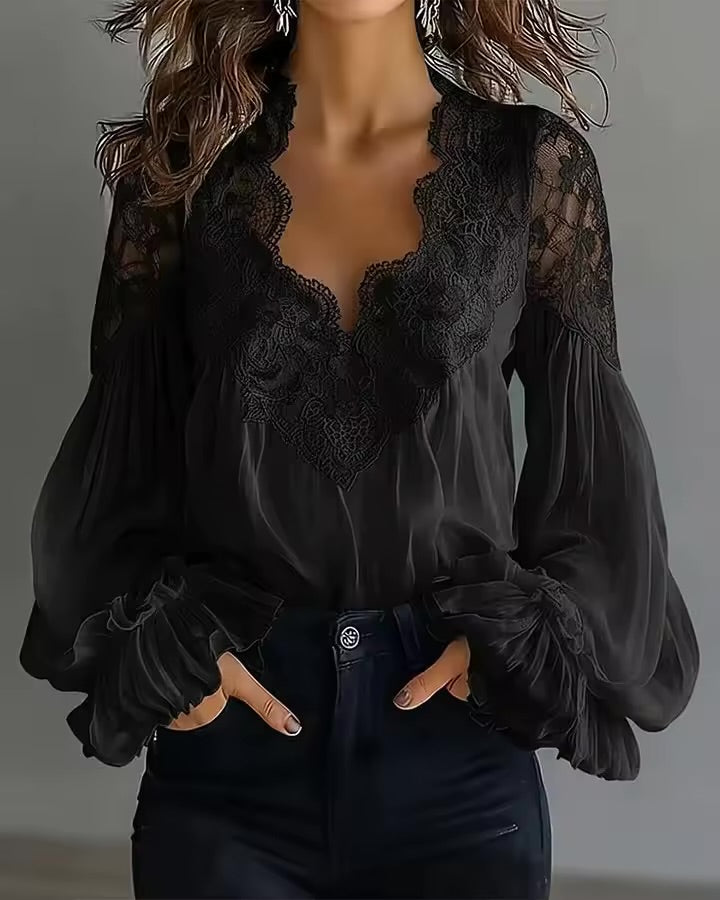 Camicia da Donna Primavera 2026 in chiffon a maniche lunghe con pizzo e maniche a sbuffo, stile elegante, in poliestere, casual, stile coreano