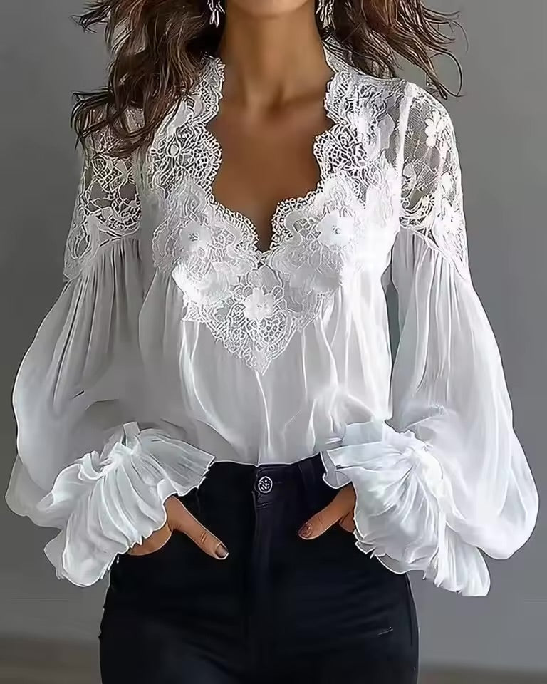 Camicia da Donna Primavera 2026 in chiffon a maniche lunghe con pizzo e maniche a sbuffo, stile elegante, in poliestere, casual, stile coreano