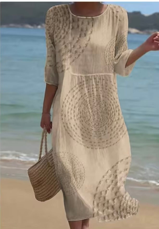 Abito estivo primaverile a maniche corte con stampa casual per donna, vestito retrò ampio con collo tondo, fresco abito da vacanza femminile 2026