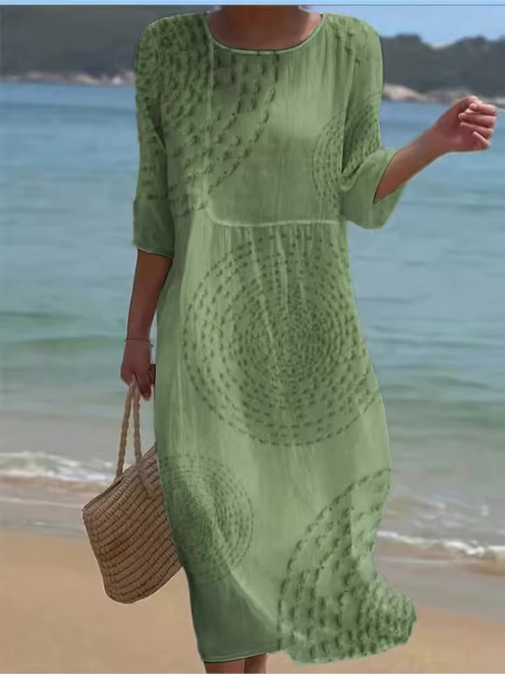Abito estivo primaverile a maniche corte con stampa casual per donna, vestito retrò ampio con collo tondo, fresco abito da vacanza femminile 2026
