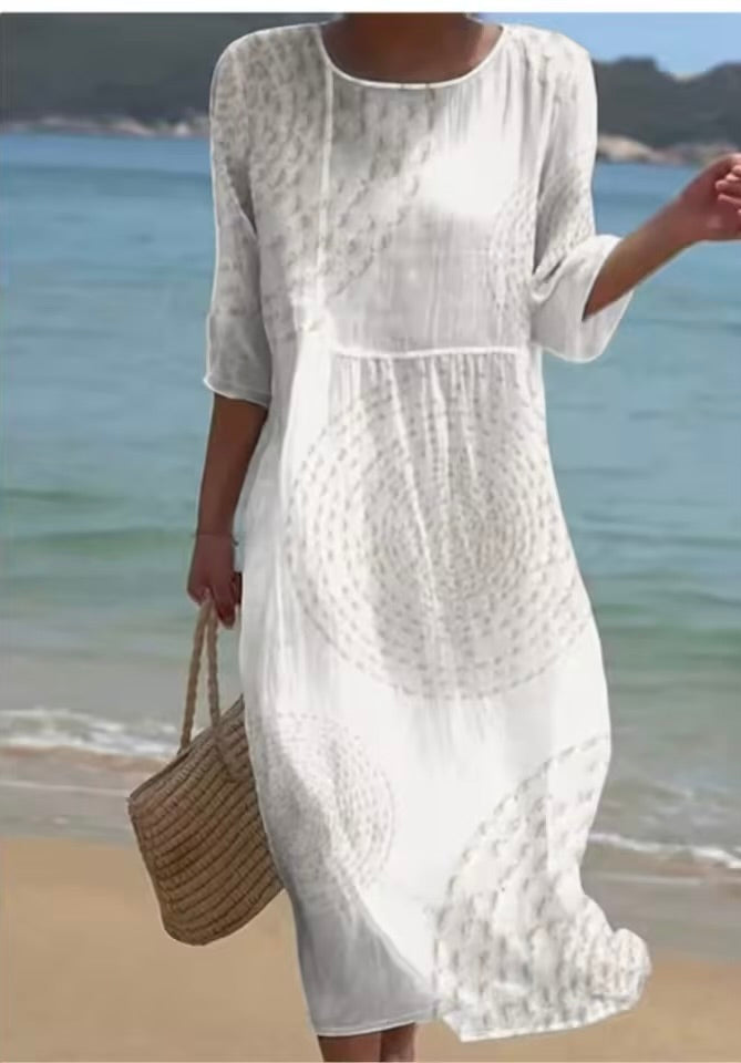 Abito estivo primaverile a maniche corte con stampa casual per donna, vestito retrò ampio con collo tondo, fresco abito da vacanza femminile 2026