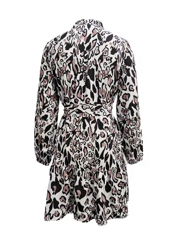Mini Abito da Donna con bottoni leopardati e cintura con scollo a V, elegante, manica lunga