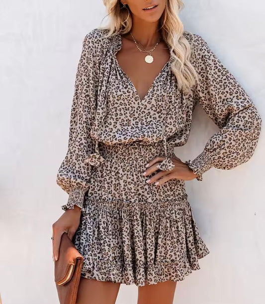 Mini Abito da Donna a maniche lunghe con scollo a V con coulisse moda leopardata stampato in vita legata, abito elegante da donna, da ufficio