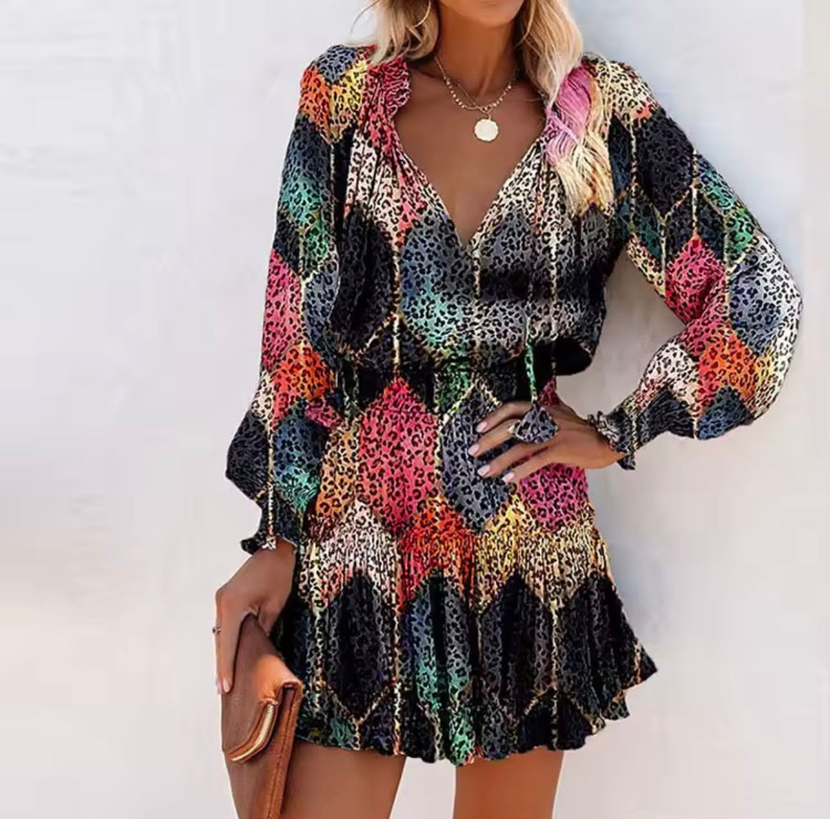 Mini Abito da Donna a maniche lunghe con scollo a V con coulisse moda leopardata stampato in vita legata, abito elegante da donna, da ufficio