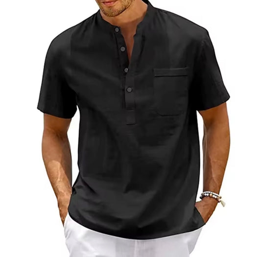 Camicia in cotone e lino da Uomo con collo a Henley,tasca casual da spiaggia,manica corta,tinta unita,top da uomo,t-shirt vintage streetwear