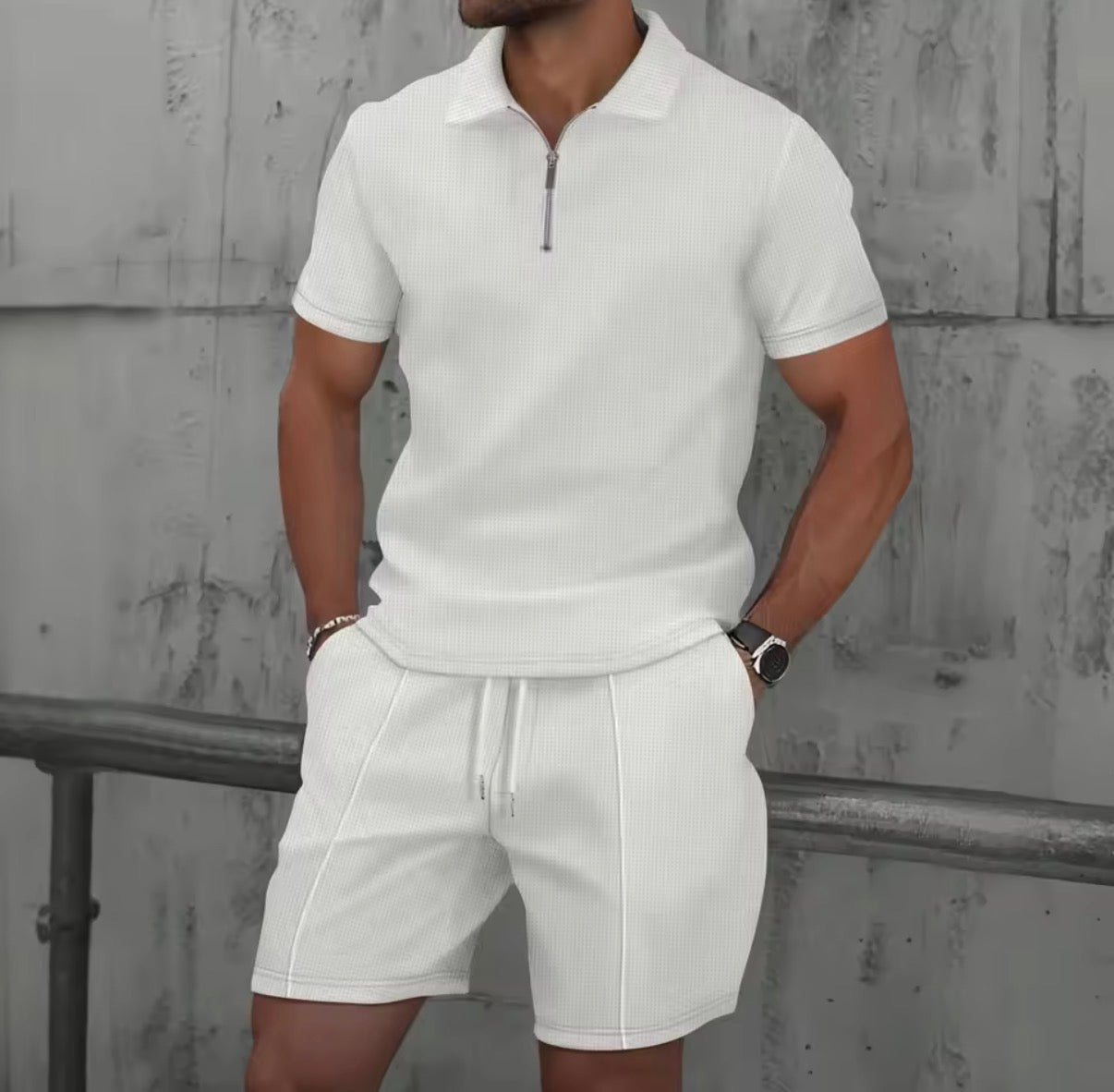 Completo estivo da Uomo,modello Europa e Stati Uniti,in tessuto waffle tinta unita,con zip e risvolto,maniche corte,pantaloncini,set da due pezzi