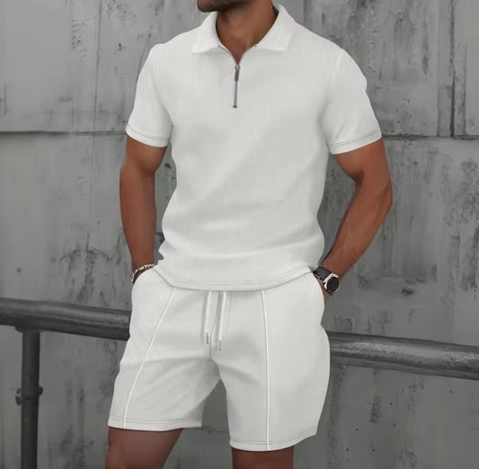 Completo estivo da Uomo,modello Europa e Stati Uniti,in tessuto waffle tinta unita,con zip e risvolto,maniche corte,pantaloncini,set da due pezzi