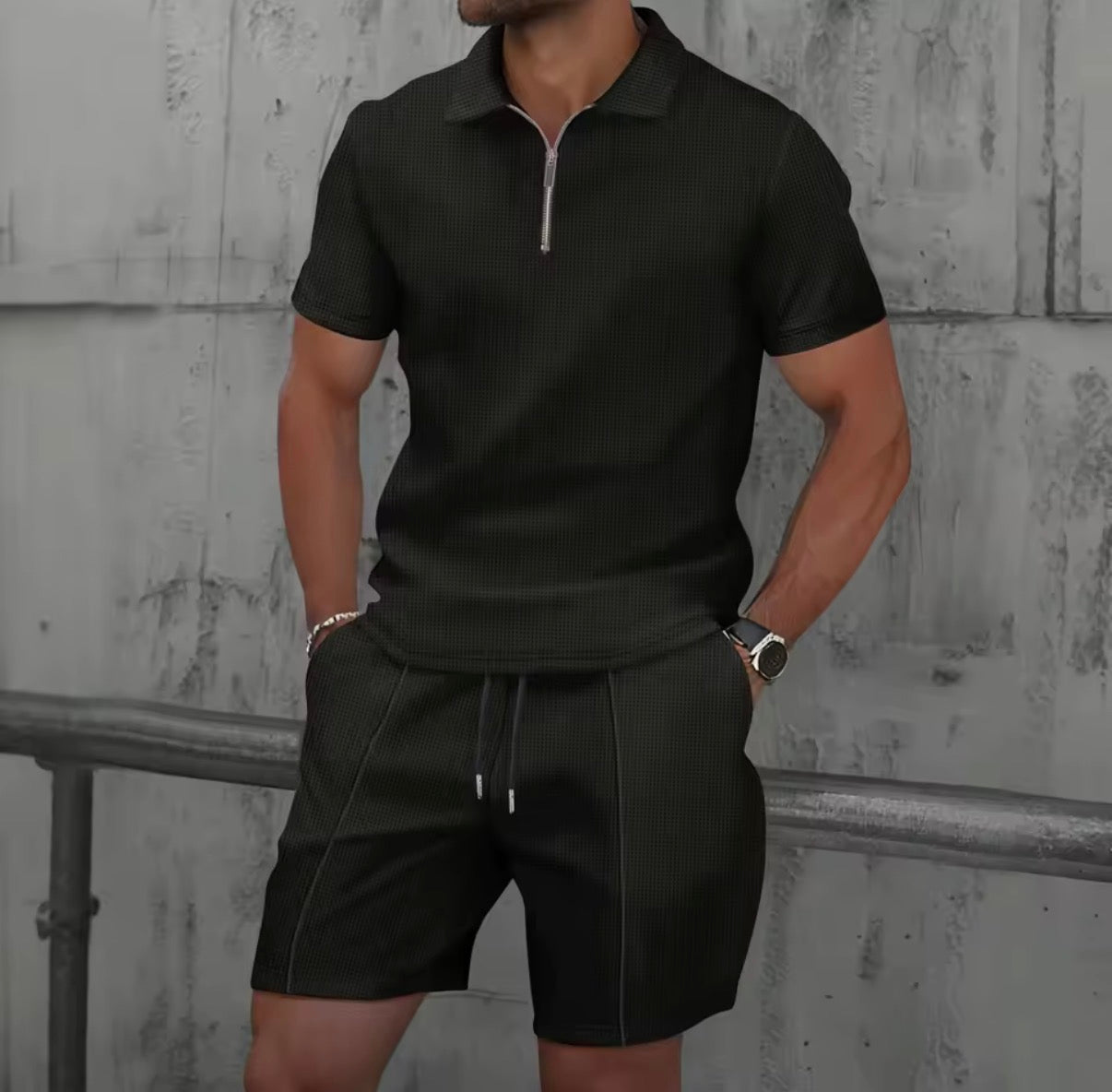 Completo estivo da Uomo,modello Europa e Stati Uniti,in tessuto waffle tinta unita,con zip e risvolto,maniche corte,pantaloncini,set da due pezzi
