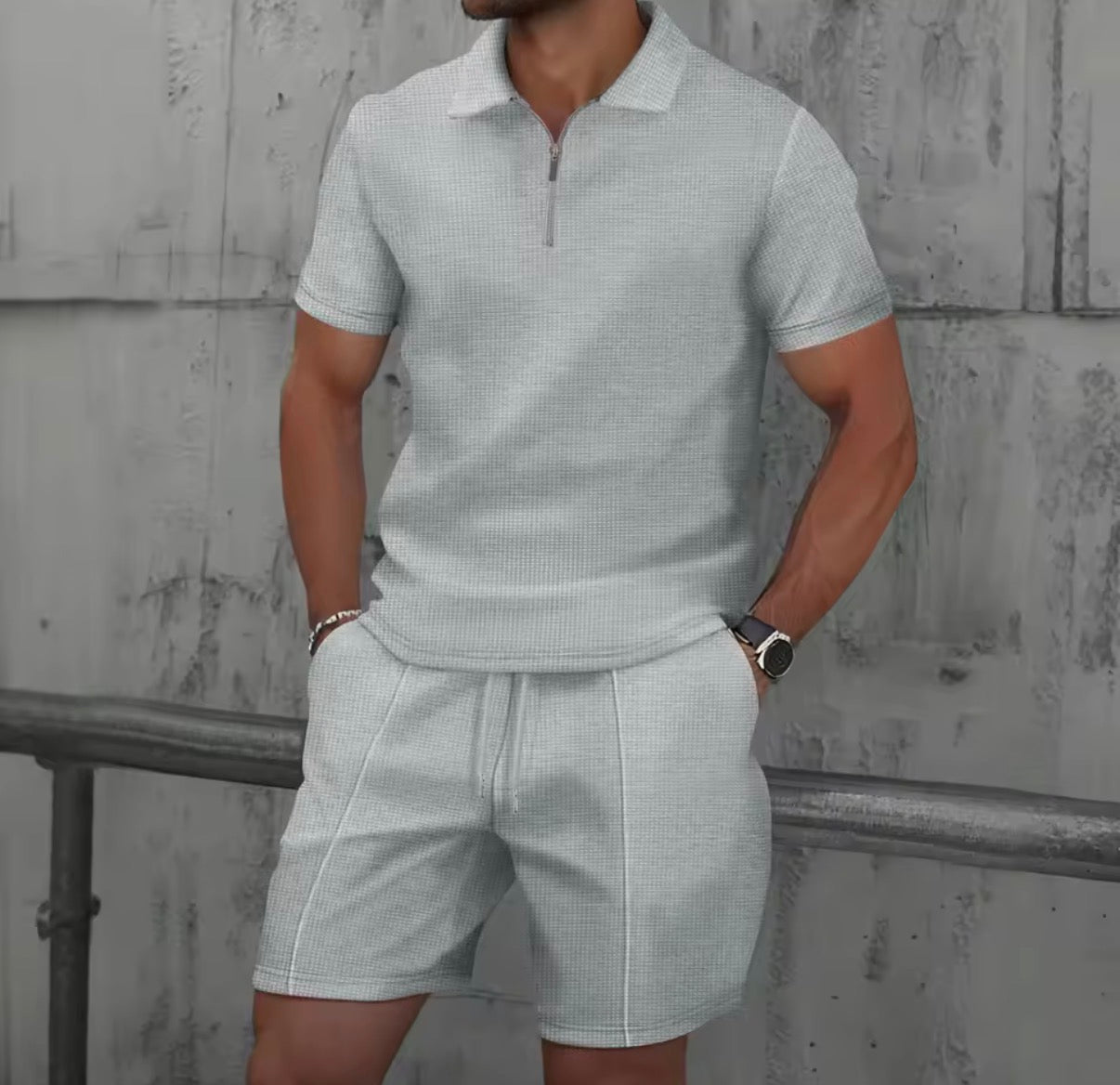 Completo estivo da Uomo,modello Europa e Stati Uniti,in tessuto waffle tinta unita,con zip e risvolto,maniche corte,pantaloncini,set da due pezzi