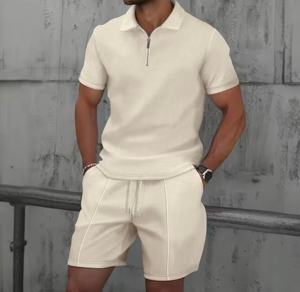 Completo estivo da Uomo,modello Europa e Stati Uniti,in tessuto waffle tinta unita,con zip e risvolto,maniche corte,pantaloncini,set da due pezzi