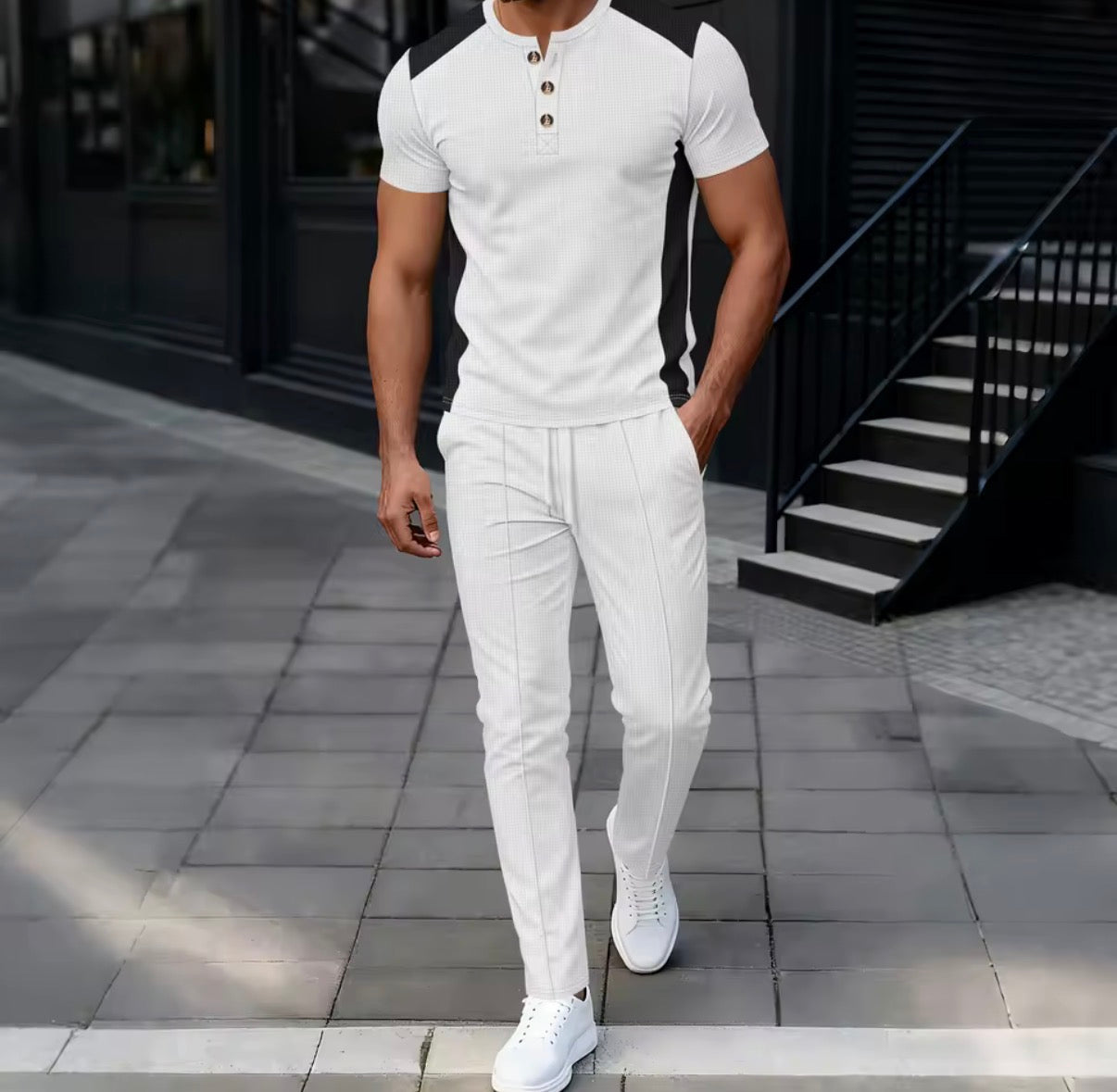 Completo casual da Uomo in tessuto waffle,t-shirt Henley bicolore e pantaloni slim fit a gamba dritta,morbido e traspirante,set due pezzi