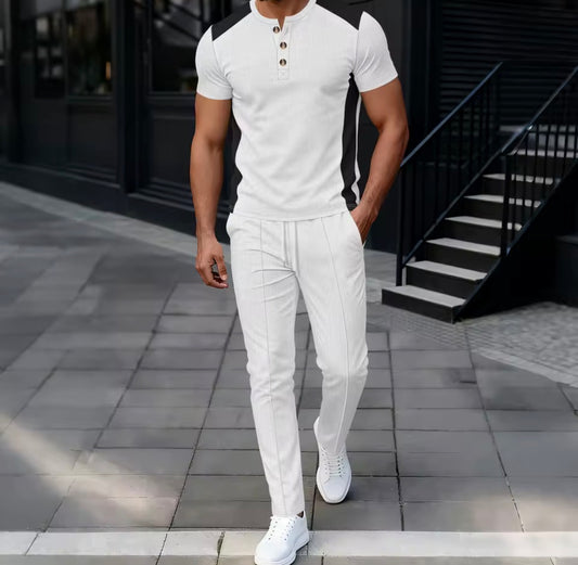 Completo casual da Uomo in tessuto waffle,t-shirt Henley bicolore e pantaloni slim fit a gamba dritta,morbido e traspirante,set due pezzi