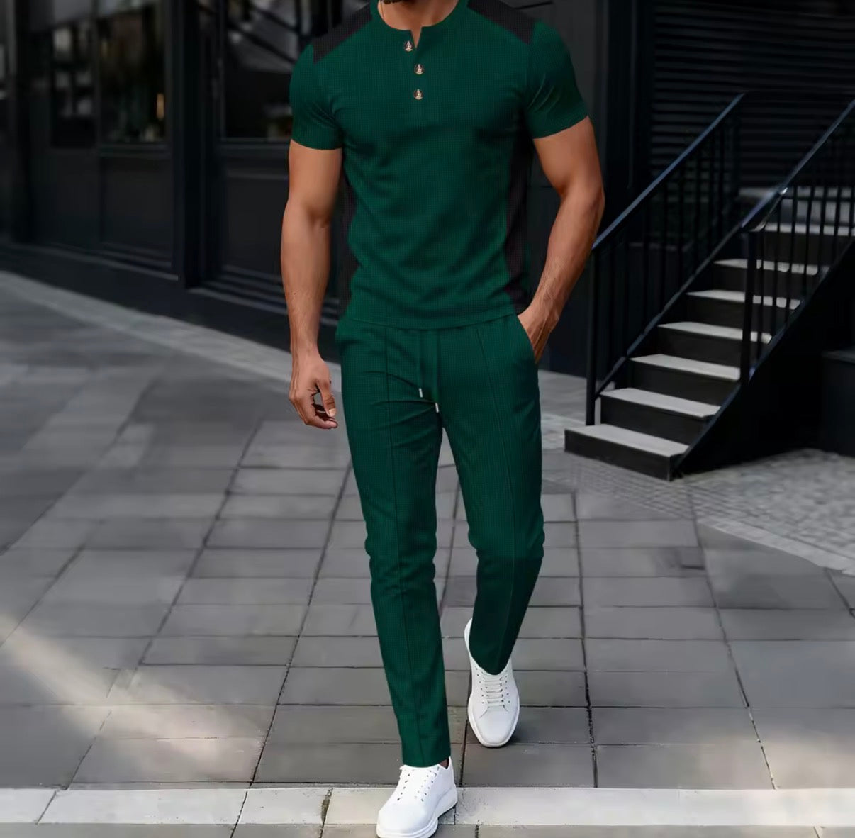 Completo casual da Uomo in tessuto waffle,t-shirt Henley bicolore e pantaloni slim fit a gamba dritta,morbido e traspirante,set due pezzi