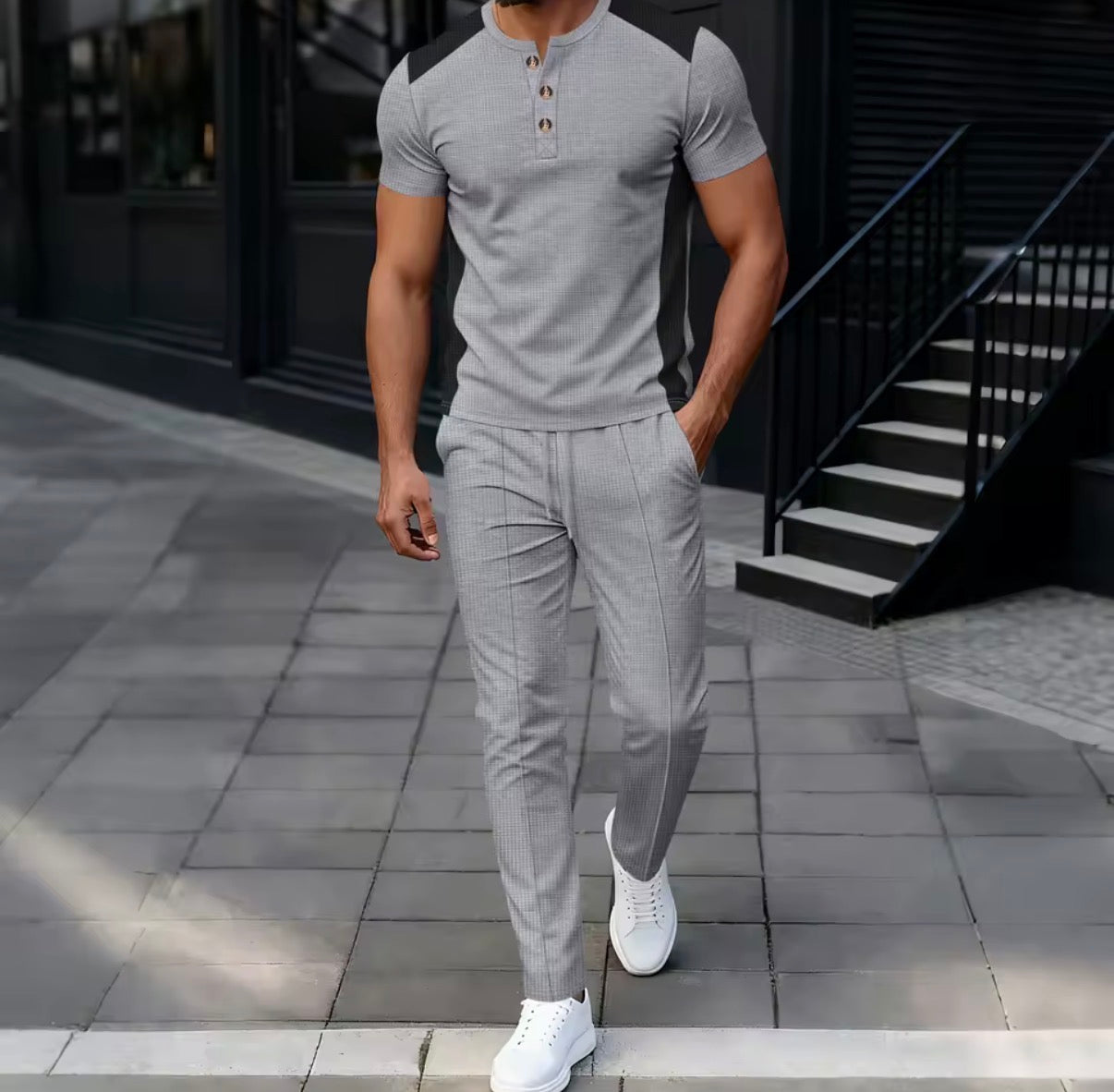 Completo casual da Uomo in tessuto waffle,t-shirt Henley bicolore e pantaloni slim fit a gamba dritta,morbido e traspirante,set due pezzi