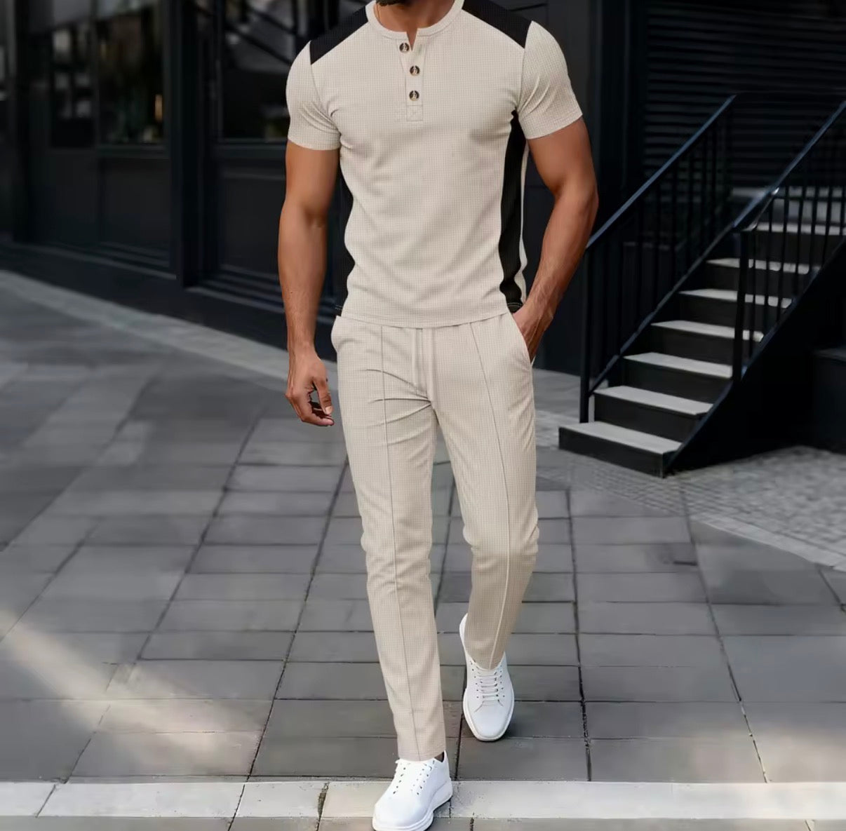 Completo casual da Uomo in tessuto waffle,t-shirt Henley bicolore e pantaloni slim fit a gamba dritta,morbido e traspirante,set due pezzi