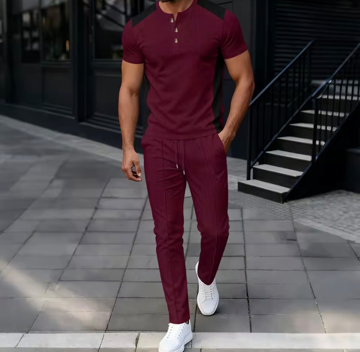 Completo casual da Uomo in tessuto waffle,t-shirt Henley bicolore e pantaloni slim fit a gamba dritta,morbido e traspirante,set due pezzi